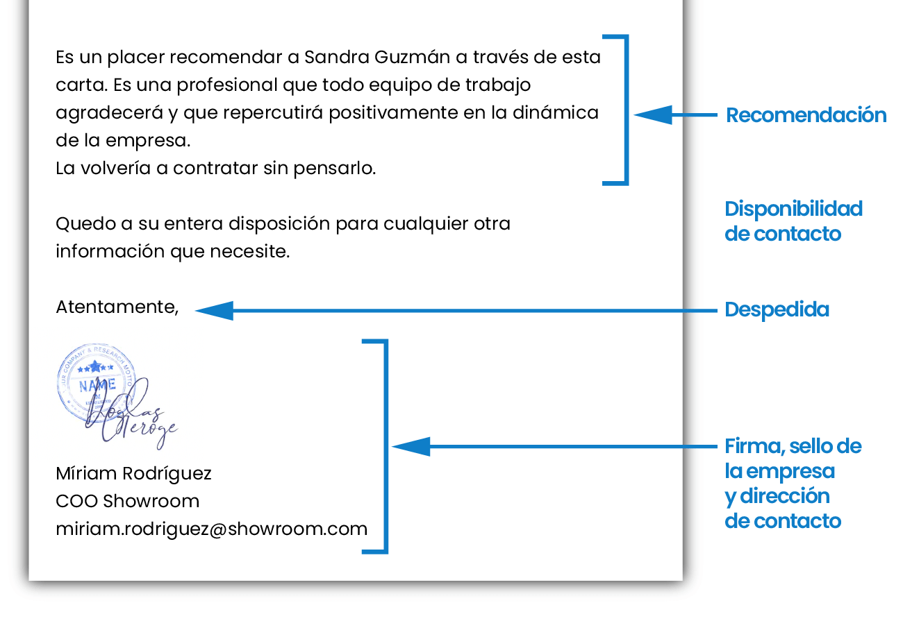 Imagen con un modelo del final de una carta recomendación