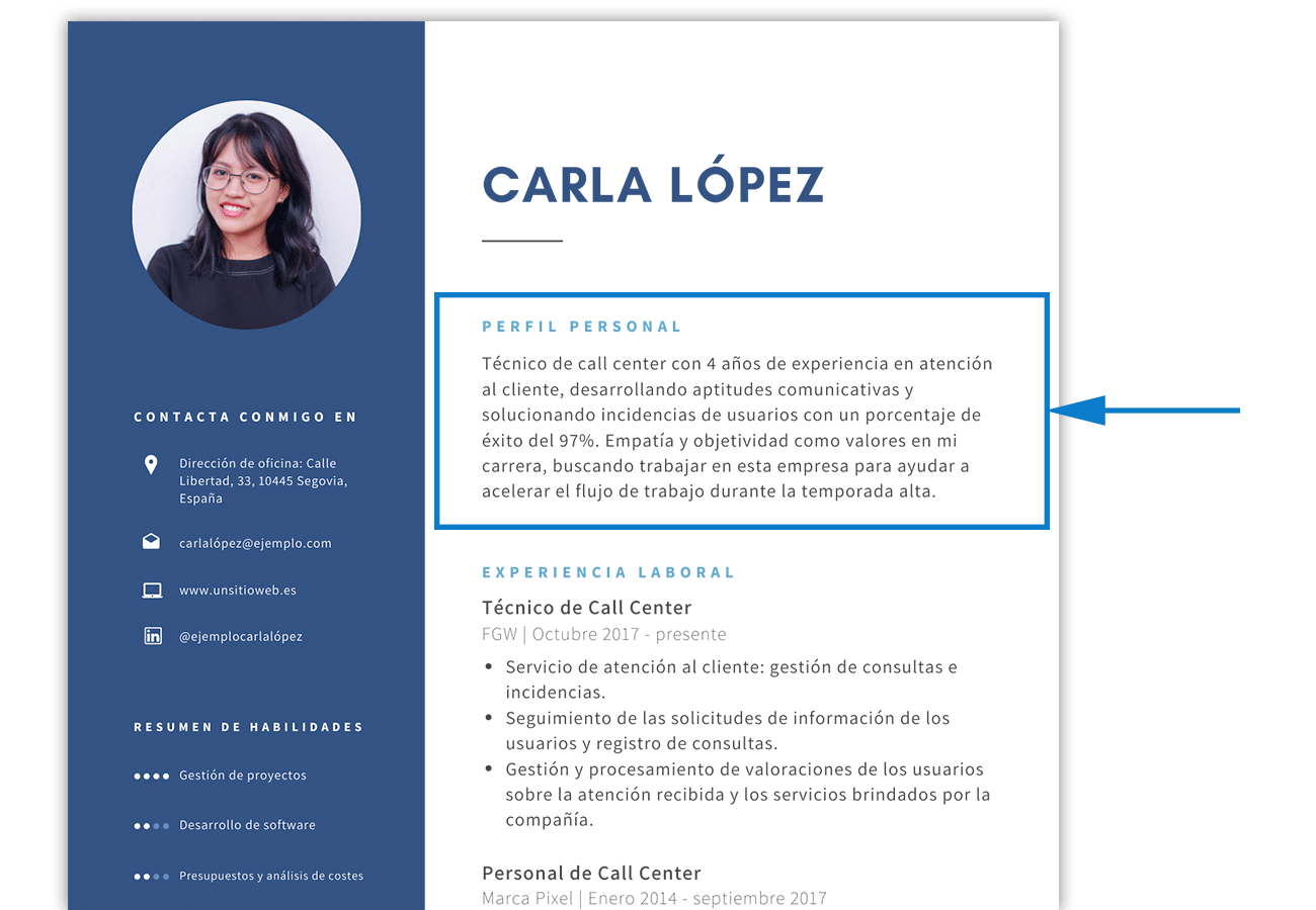 Imatge d'un CV amb Descripció perfil professional i habilitats