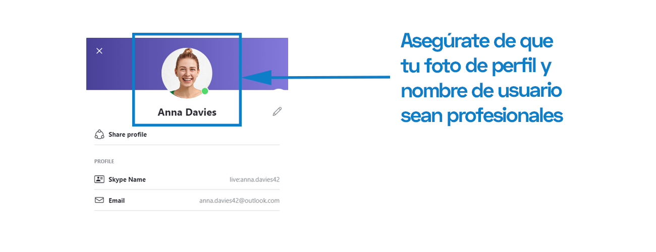 8 claves para una entrevista de trabajo online exitosa: Foto y nombre de usuario